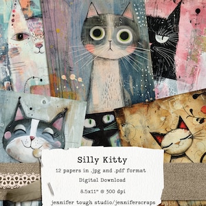 Papiers de journal Silly Kitty Junk, 12 papiers et cartes de journal sur le thème des chats fantaisistes au format .jpg et .pdf, oeuvre d'art imprimable, usage commercial