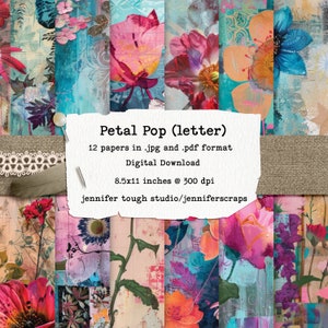May include: A digital download of 12 floral patterned papers in a collage style. The papers are 8.5x11 inches at 300 dpi. The text "Petal Pop (letter)" is on a white label.