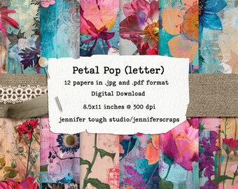 Petal Pop, Letter Size, Vibrant Floral and Fabric Block Digital Printable Paper Pack, 12 Images, 8.5x11" at 300 DPI