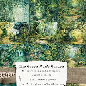 Paquet de papier numérique Green Man Garden, imagerie de paysages botaniques luxuriants de la forêt enchantée, 12 images de 8,5 x 11 po. de paysage JPG et PDF.