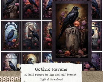 Gothic Ravens Junk Journal Half Papers 5.5x8.5", Instant Download Digital Collage Sheets - commercial use allowed.