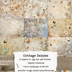 Pacchetto di carta digitale Cottage Daisies - Diario floreale rustico e carta per album - Download istantaneo - 8,5x11" orizzontale JPG e PDF.