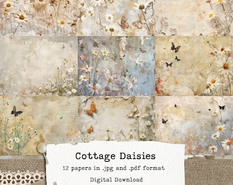 Cottage Daisies Digital Paper Pack - Rustic Floral Journal and Scrapbook Paper - Instant Download - 8.5x11" Landscape JPG and PDF.