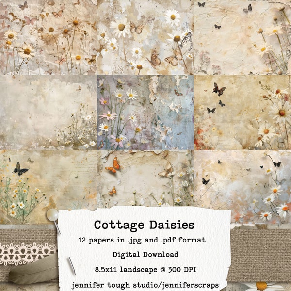Cottage Daisies Digital Paper Pack - Rustic Floral Journal and Scrapbook Paper - Instant Download - 8.5x11" Landscape JPG and PDF.