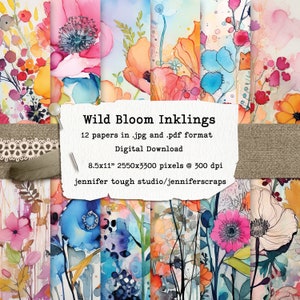 Wild Bloom Inklings, op alcoholinkt geïnspireerd digitaal papier, Bloemenprint, Instant download, Commercieel gebruik