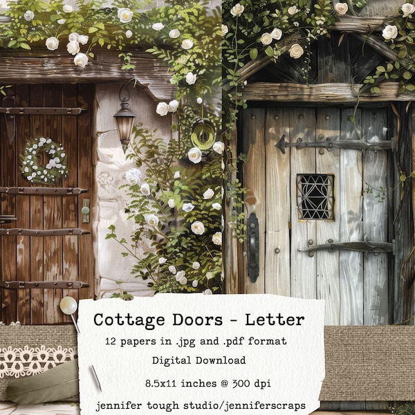 Cottage Doors Digital Paper Pack, Rustic and Romantic Prints, 12 papers & 3 Bonus Journal Cards, 8.5x11", 300dpi, Printable Download