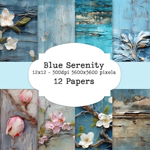 Paquete de papel Blue Serenity Floral & Texture Scrapbook - Diseños de flores y madera en apuros de 12x12", alta resolución 300 DPI, descarga digital