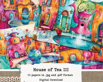 House of Tea 3, bright and colourful whimsical journal papers featuring teapots in Morocco, A4 and Letter, 14 digital papers, commercial use