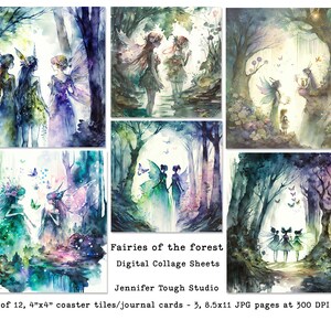 Fées de la forêt, feuilles de collage numérique éphémères, carrés de 10 x 10 cm pour sous-bocks, journaux, cartes - usage commercial