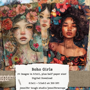 Boho Girls Digital Illustrations, set di 24 stravaganti fogli da 8,5x11", oltre a 24 mezze carte, Download istantaneo, uso commerciale