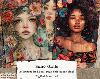 Boho Girls Digital Illustrations, set of 24 whimsical 8.5x11" papers, plus 24 half papers, Instant Download, commercial use