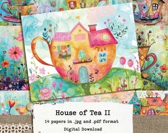 Whimsical Teacup Houses Journal Pages, House of Tea 2, Pack of 14 landscape 8.5x11" Papers, 300dpi, Printable Download, Commercial Use.