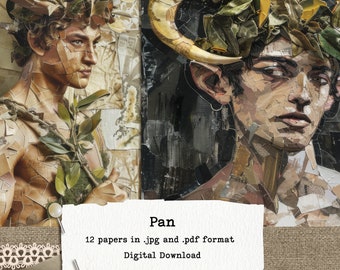 May include: Digital download of 12 collage papers featuring two portraits of a person with horns and a crown of leaves. The papers are 8.5x11 inches at 300 dpi and are available in .jpg and .pdf format. The text "Pan" is at the top of the image.