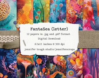 FantaSea Dreamscape: Fantasy Flowers and Corals Underwater Printable Paper Pack - 8.5x11 - 12 unique illustrations. Instant Download.