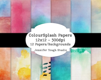 Colour Splash Mid-Century digital scrapbook papers,  12x12 inches, set of 12 watercolour textures on distressed linen, commercial use ok.