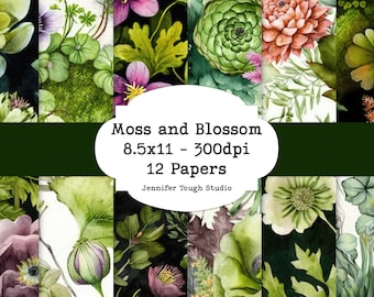 Moss and Blossom digital printable journal & scrapbook papers, 8.5x11, set of 12 scrapbook and journal papers, commercial use.