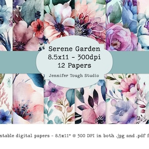 Serene Garden Digital Paper Pack, 8.5x 11, papeles imprimibles para revistas, scrapbooking, artesanías en papel, uso comercial