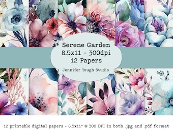 Könnte beinhalten: Zwölf digitale Papiere mit Aquarell-Blumenmustern in Rosa-, Blau- und Lilatönen. Die Papiere sind 8,5 Zoll mal 11 Zoll groß und haben eine Auflösung von 300 dpi. Der Text "Serene Garden" wird in der Mitte des Bildes angezeigt.