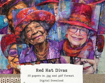 Red Hat Divas, 20 images in .jpg and .pdf format of sassy and whimsical old women, A4 and US Letter size, commercial use