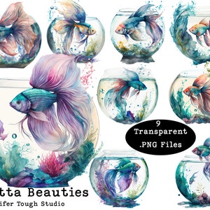 Watercolor Betta Fish Clipart: Large Transparent PNGs for Commercial Use, digital download.