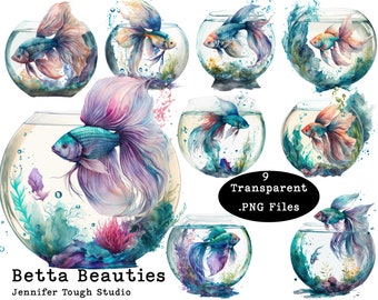 Betta Beauties, gorgeous betta fish in fishbowls, watercolor, Large Clipart PNG files, digital download, Transparent png, Commercial Use
