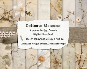 12x12 Delicate Blossom Digital Papers: Aged Grunge florals for Journaling, Scrapbooking, Crafts, Backdrops, Commercial Use