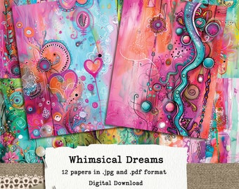 Vibrant Abstract Digital Paper Pack, Whimsical Dreams Printable Paper 8.5x11" and A4 Version, Commercial use, Instant Download.