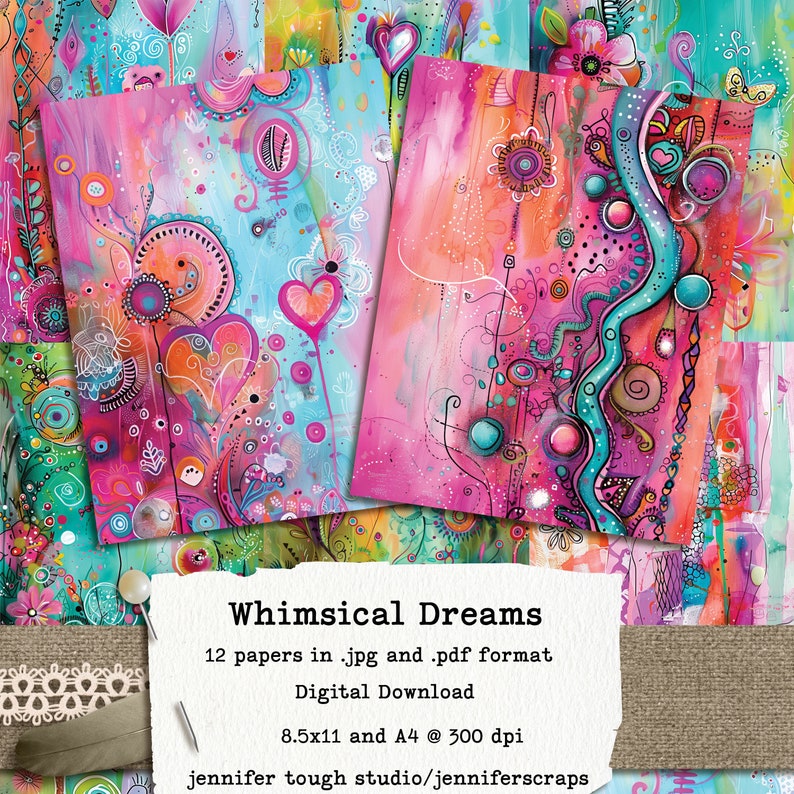 Vibrant Abstract Digital Paper Pack, Whimsical Dreams Printable Paper 8.5x11 and A4 Version, Commercial use, Instant Download. image 1