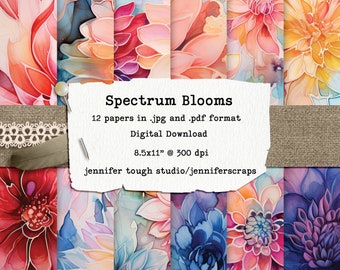 Spectrum Blooms Digital Paper Pack - Vibrant Floral Designs for Crafting, Scrapbooking, and Art Projects 12 Papers, 8.5"x11", printable