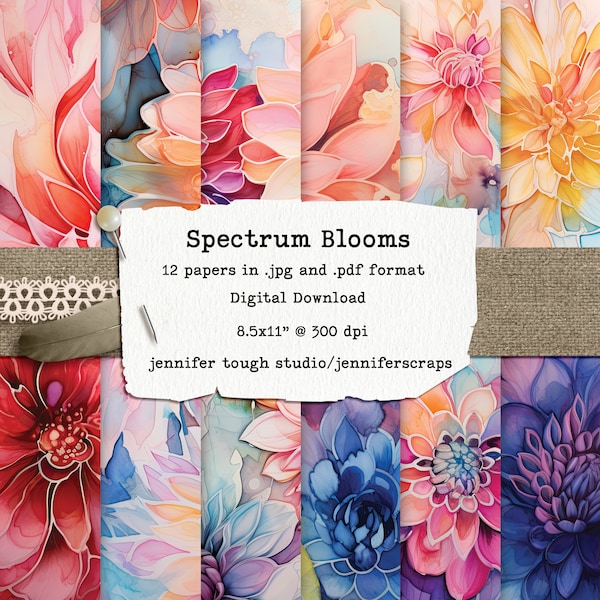 Pack de papier numérique Spectrum Blooms - motifs floraux vibrants pour l'artisanat, le scrapbooking et les projets artistiques 12 papiers, 8,5 x 11 pouces, imprimable