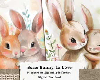 Some Bunny to Love - Watercolor Style Bunny Love Digital Paper and Card Kit (14 Illustrations, 8.5x11, 300dpi, Instant Download)
