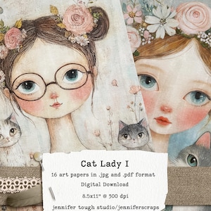Whimsical Cat Lady Portrait Pack, 16 (8.5 "x11 ") + 4 Seiten Mini-Porträts (3.5 "x5"), druckbare PDF & JPG, Crazy Cat Lady Junk Journal.