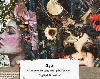 Goddess Nyx, Printable Mythology Digital Paper Pack Featuring Night Deity Illustrations, 12 images 8.5x11" JPG and PDF.