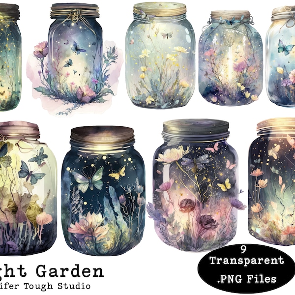 Jardin de nuit, papillon, pots de luciole - grands fichiers PNG, style Aquarelle, téléchargement numérique, fond transparent, usage commercial