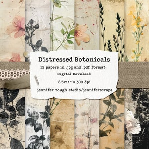 Distressed Botanicals Digital Papers, Wildflower Printable Backgrounds for Crafting, 12 Sheets, 8.5x11, 300dpi, Instant Download