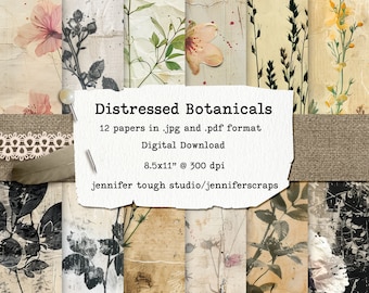 Distressed Botanicals Digital Papers, Wildflower Printable Backgrounds for Crafting, 12 Sheets, 8.5x11, 300dpi, Instant Download
