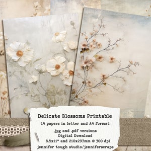 Verouderde grungebloemen, delicate bloesems, afdrukbaar papier voor junkjournal, scrapbooking, papierkunst, commercieel gebruik, A4- en Letter-formaat