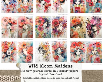 Wild Bloom Maidens, Digital Collage Sheets, Junk Journal Cards, 5x7" Art Cards - Instant Download, ready to print - commercial use allowed