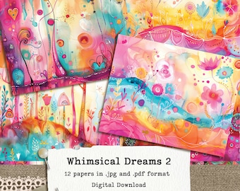 Abstract Vibrant Digital Landscape Paper Pack, Whimsical Dreams 2 Printable Paper 8.5x11" and A4 Version, Commercial use, Instant Download.