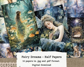 Fairy Dreams, Digital Collage Sheets, Junk Journal Half Papers 5.5x8.5" - Instant Download, ready to print - commercial use allowed