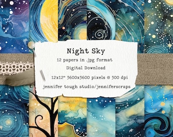 Night Sky Digital Paper Pack - 12x12” 300 dpi Scrapbook Papers, Printable Midnight Sky, Milky Way and Aurora Borealis Backgrounds