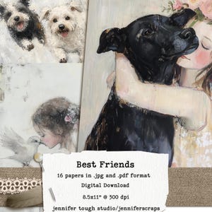 Best Friends Printable Paper Kit, 16 Digital Art Seiten and 3.5x5" Journal Cards, Whimsical Girls & Pets, JPG und PDF, Junk Journal Ephemera