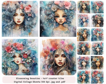 Blossoming Beauties, Digital Collage Sheets, Ephemera, 4x4 inch squares for coasters, journals, stationery - commercial use