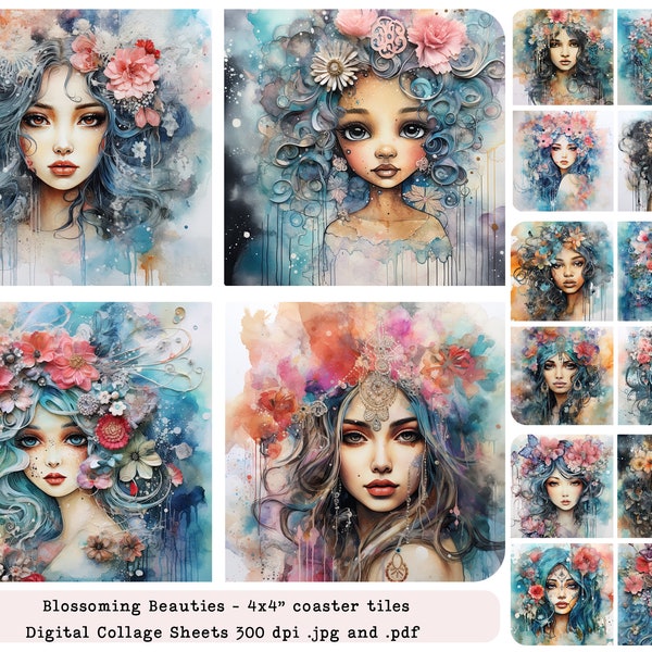 Blossoming Beauties, Digital Collage Sheets, Ephemera, 4x4 inch squares for coasters, journals, stationery - commercial use