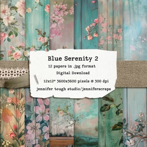 Tranquil Floral Scrapbook Papers, Blue Serenity 2, paquete de papel digital de 12x12", conjunto de 12 imágenes JPG de uso comercial.