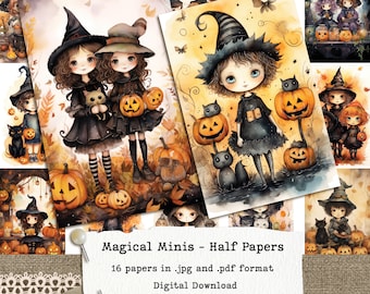 Magical Minis, Halloween Digital Collage Sheets, Junk Journal Half Papers 5.5x8.5" - Instant Download, ready to print - commercial use