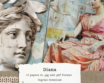 Goddess Diana Collage Digital Paper Pack – Mythology Inspired Printable Journal Papers 8x5x11"