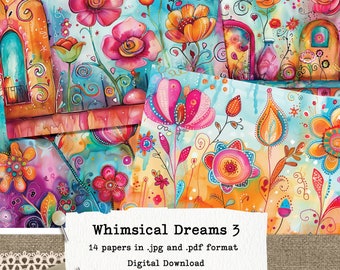 Whimsical Dreams 3, Bright and Colourful Floral Printable Paper Pack 8.5x11" and A4 Version, 14 papers, Commercial use, Instant Download.