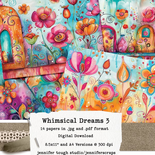 Whimsical Dreams 3, Bright and Colourful Floral Printable Paper Pack 8.5x11" and A4 Version, 14 papers, Commercial use, Instant Download.