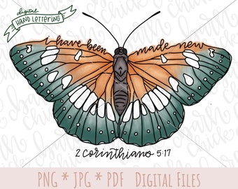 Made New Hand-Lettered Butterfly PNG | transformed watercolor | printable design Bible Verse | Christian Summer PNG sublimation